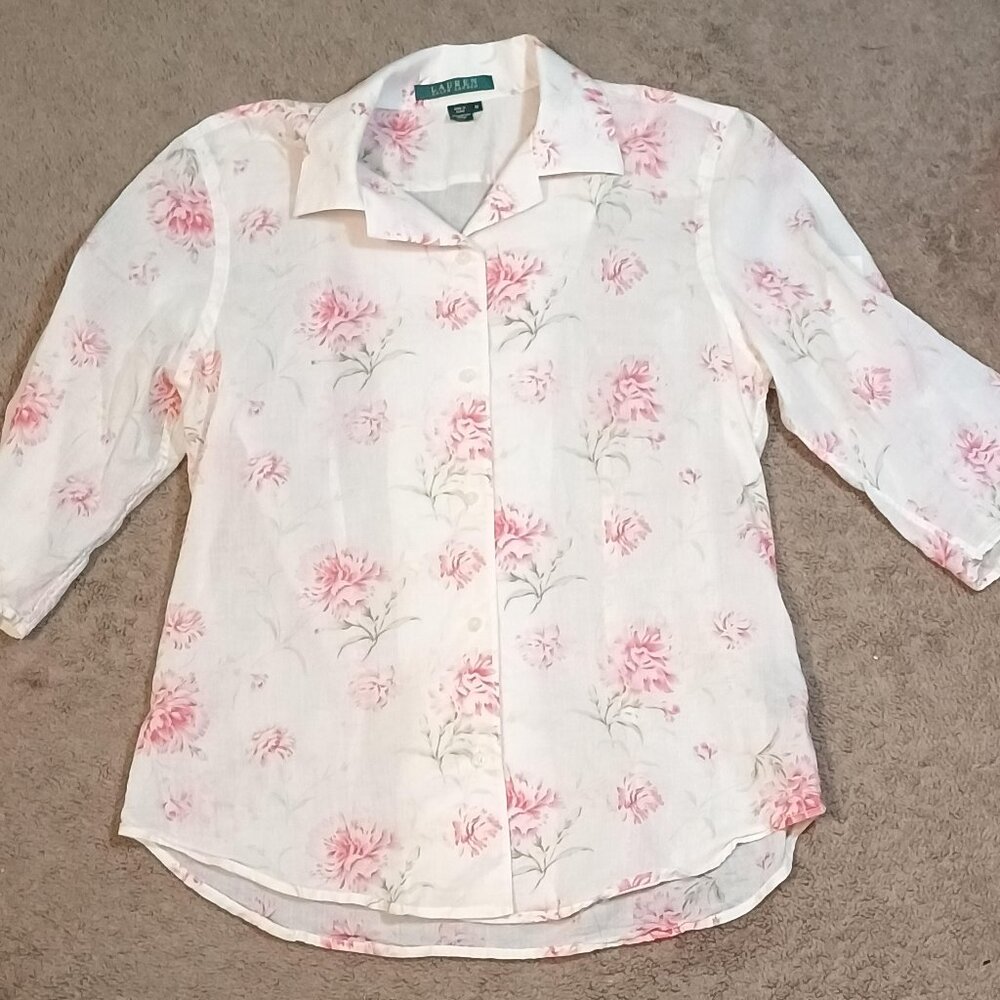 Lauren Ralph Lauren/Button Down Blouse/Womens M/Pink Floral/Classic Prep Feminin - Picture 2 of 8